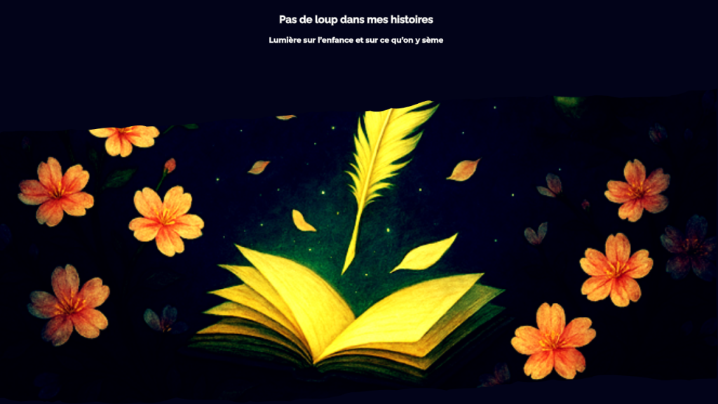 Illustration féerique : livre ouvert, plume et étoiles sur fond bleu nuit avec zone sombre pour logo